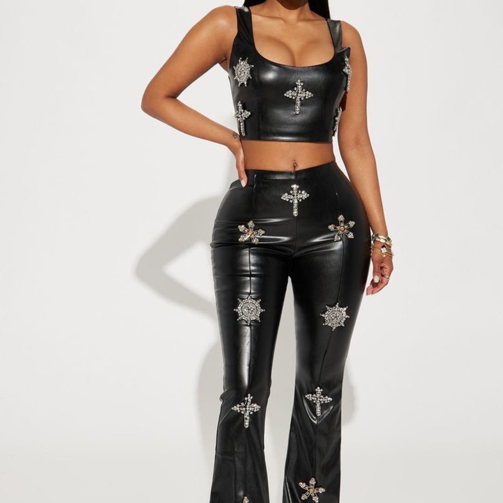 Fashion Nova Black Faux Leather Embellished Flare Pants & Top